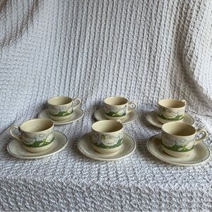 Vintage stoneware tea set tea cups & saucers white geese with bows speckled